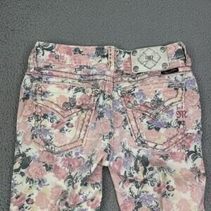Miss Me Cuff Skinny Pink Rose Floral Print Jeans 27x26 Silver Stitching Low Rise